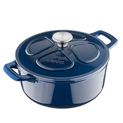 Imagen de Navaris Cazuela de Hierro Fundido con Tapa Cacerola Cocotte y Asas 3,5 L Apta para Horno e Induccion Olla Holandesa Redonda Dutch Oven 24 cm