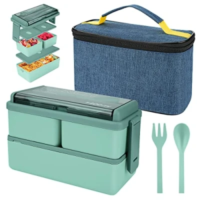 Imagen de caja de almuerzo 1400 ml con 3 compartimentos bento 2 capas bolsas y cubiertos aislados, contenedores preparación comidas para adultos estudiantes niños (Verde)