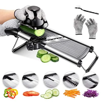 Imagen de Masthome Mandolina de Acero Inoxidable Profesional, Multifuncional Ajustable, Mandolinas Hacer Rodajas Gruesas 1 a 9 mm con Guantes Prueba Cortes y Cepillo Limpieza, Negro