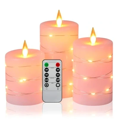 Imagen de Da by velas LED visión de 360 ​​grados, paquete 3 cadena hadas, con control remoto 10 teclas, función temporizador 24 horas, llama danzante(Rosa).