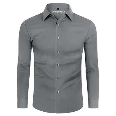 Imagen de DEMEANOR Camisa para hombre, elástica, manga larga, informal, corte ajustado, camisas de negocios, no necesita planchado, plata, L