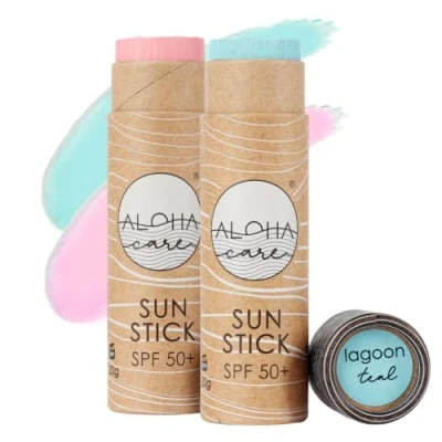 Imagen de Aloha Sun Stick SPF 50+ Protector solar mineral teñido para el surf Tubo de papel ecológico (2 pack verde azulado + rosa)