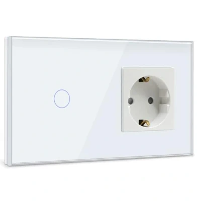 Imagen de BSEED Interruptor con Enchufe,1 Gang 1 Vía de Luz Enchufe pared,BlancoInterruptor tactil pared indicador LED,enchufes extensión panel vidrio templado 500W
