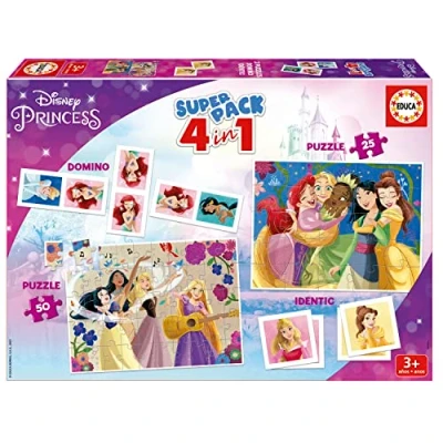 Imagen de Educa Superpack Disney Princess Juegos de Mesa y Puzzles Infantiles: Dominó, Identic con 28 Cartas 2 25 50 Piezas. Juego Infantil para 3, 4 5 años (19683)