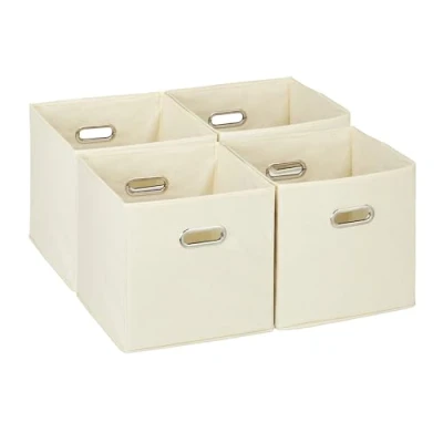 Imagen de Relaxdays Juego Almacenamiento Cajas Almacenaje con Asa Ancha en Set de 4, Cajones Plegables para Estantería, 30 x cm, Beige, Cartón