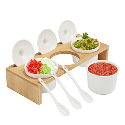 Imagen de Belle Vous Cuencos Aperitivo de Cerámica para Condimentos con Tapa y Cuchara Bandeja Bambú 3 Contenedores Pequeños Cocina Salsa, Especias, Hierbas, Refrigerios, Sal, Pimienta