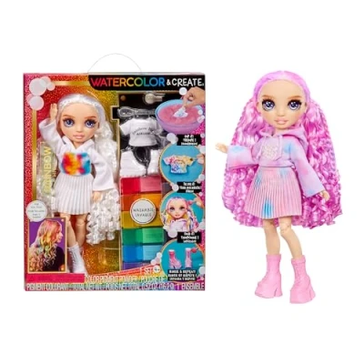 Imagen de RAINBOW HIGH Watercolour &amp; Create DIY Muñeca de Moda con Acuarelas Lavables y Kit Tinte Ojos Morados, Pelo Rizado, Top Zapatos Colorea, CREA, Enjuaga Repite Niños 4 12 Años en Adelante