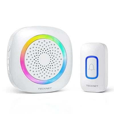 Imagen de TECKNET Timbre Inalámbrico Funciona con Pilas, 400M Alcance RGB Exterior Impermeable IP66, 5 Niveles de Volumen (0 110dB) y 60 Melodías para Hogar/Hotel/Oficina/Emergencia, etc