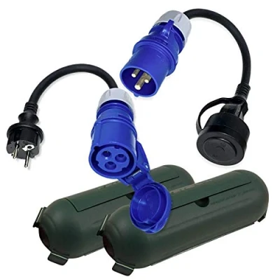 Imagen de IntuiFlex Juego de Cables adaptadores CEE para Camping con Caja Protectora 0,3 m, Camping, Barco, Caravana, Autocaravana, Cable H07RN F 3 x 2,5 mm² 230V 16A IP44, Adaptador Proteccion