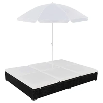 Imagen de vidaXL Tumbona con Sombrilla Jardín Mueble Hamaca Parasol Piscina Asiento Sofá Exterior Patio Terraza Ratán Sintético Negro Material Tipo Mimbre
