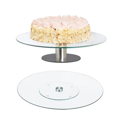 Imagen de Relaxdays Set 2 Platos Giratorios Tartas, Soporte Pie Pastel, Expositor Plano Cupcakes Cristal, Redondos, Transparente, x 30 cm