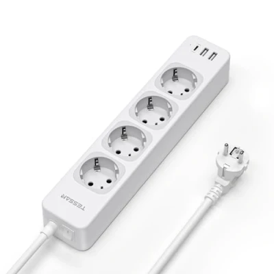 Imagen de TESSAN Regletas Enchufes con USB C y A, 7 en 1 Alargador 2 Metros, Ladron de 4 Tomas, Enchufe Interruptor, 3600W Toma Enchufe, Blanco Multiple