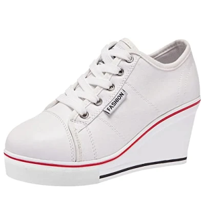 Imagen de ANUFER Mujer Tacón de Cuña con Cordones Lona Zapatos Deportivos Alpargatas SN02435 Blanco EU38.5