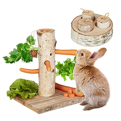 Imagen de Relaxdays Juguete para Conejos, 2 Unidades, Accesorio Cobayas, Juegos Roedores, Árbol Masticar y Roer, Madera, Marrón