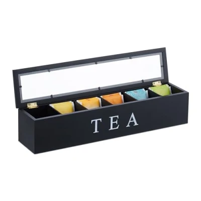 Imagen de Relaxdays Caja Té, 6 Compartimentos, Bambú, 9 x 43,5 cm, para Infusiones y Cápsulas de Café, Cajita con Tapa, Negro