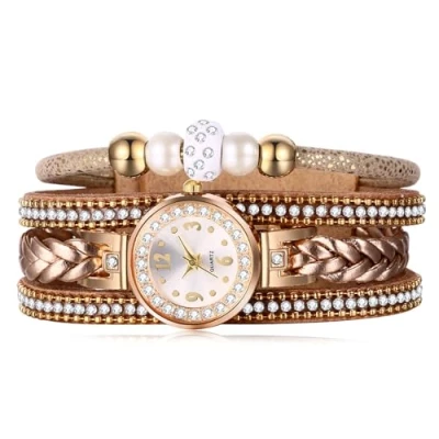 Imagen de JewelryWe Reloj de Pulsera Trenzado Cuero para Mujer, Analógico Cuarzo con Diamantes, Bohemio Vintage Cuentas, Correa Multicapa Regalo Enamorada, Marrón