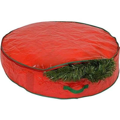Imagen de Bolsa de almacenamiento para guirnaldas y corona Navidad, almacena coronas artificiales hasta 55 cm, material impermeable duradero con cremallera asas transporte