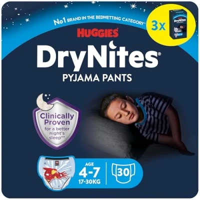 Imagen de Huggies DryNites Calzoncillos absorbentes para niño, Talla 4 7 Niña, 30 unidades, clínicamente probado con 5 capas de protección nocturna
