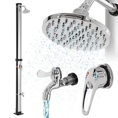 Imagen de ML Design Ducha Solar de Jardín Negro/Plata 20L 210cm Agua Caliente hasta 60C sin Electricidad Conexión para Manguera Moderno Elegante Cabezal Lluvia Ajustable y Grifo Piscina Camping