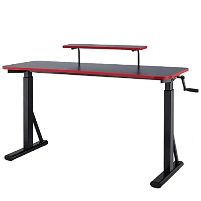 Imagen de Amazon Basics Rectangular Escritorio de ordenador para juegos altura ajustable, con estante elevado colocar el monitor, 140 x 63.5 109 126 cm, color rojo