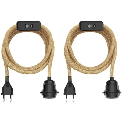 Imagen de ledscom.de 2 piezas cable de cáñamo/cable textil LEKA, enchufe, interruptor, beige, 3 m, portalámparas, 1x E27 máx. 60W