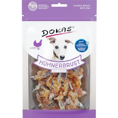 Imagen de Dokas Snack Premium sin Cereales con Forma de gallina y Pescado para Perros Ideal intercalar