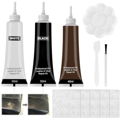 Imagen de HASAIKA® Crema de reparación Cuero, Kit cuero 3 piezas para reparar desgarros muebles, sofá, chaqueta, asiento barco, (Blanco+Negro+nogal)