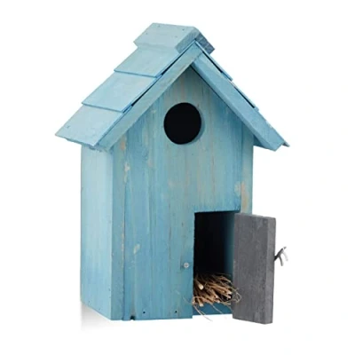 Imagen de Relaxdays Caja Nido en Forma de Casa, Madera, Azul, 24.3 x 17 12 cm