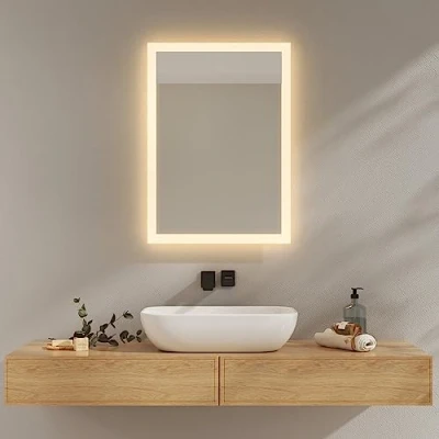 Imagen de EMKE Espejo Baño con Luz Led 50x70 cm, 3000K/6500K, led, Antiempañante, Interruptor de Palanca, IP44, económico,Función Memoria