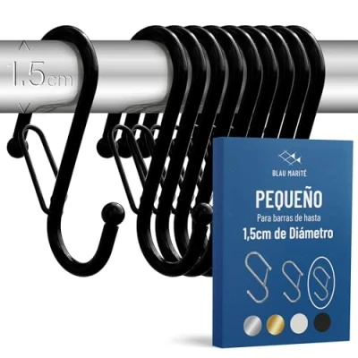 Imagen de Blau Marité 10 Ganchos en Forma de S con Sistema Anticaída. Largo: 6,5 cm. para Barras hasta 1,5cm diametro. Ayuda la organización y almacenaje del hogar. (Pequeño, Negro)
