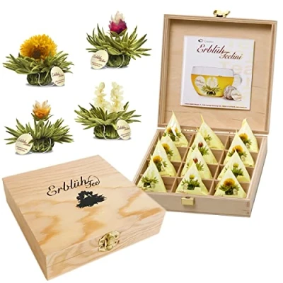 Imagen de Creano Flores de Taza Té en Tamaño Taza, Juego Regalo una Caja Madera, 12 4 Tipos diferentes blanco