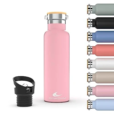 Imagen de Daikoku Botella, Botella Termica Acero Inoxidable Doble Pared, Termo Mantiene Bebida Fria o Caliente Horas, Dos Tapones, Color Rosa, 1 L