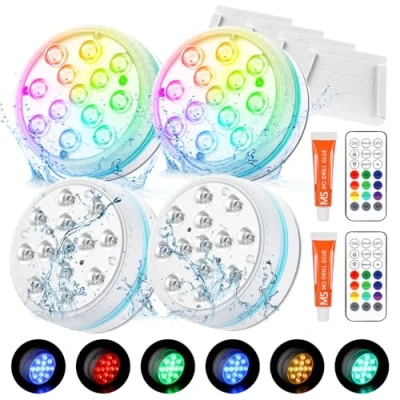 Imagen de Luces LED Sumergibles, 4PCS de Piscina SubacuáTicas IP68 Impermeables Con Control Remoto,16 Colores Luz Iluminación Color RGB para Decoración Acuario Estanque Bodas Fiesta