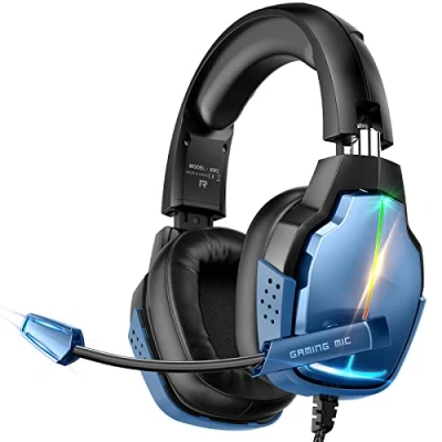 Imagen de Tatybo Auriculares Gaming para Ps4 Ps5 PC Xboxone Switch, Cascos Estéreo con 90 Almohadillas Giratorias, Micrófono Cancelación de Ruido, 4 Modos RGB Luz (Azul)