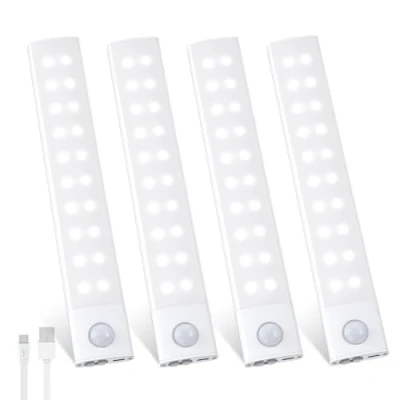 Imagen de Luz Armario Sensor Movimiento Led 20CM, 2000mAh Luces Cocina, 40 LEDs Magnética Lampara USB C Recargable 3 Color Nocturna para Escaleras, Armario, Pasillo, Garaje, 4 Piezas