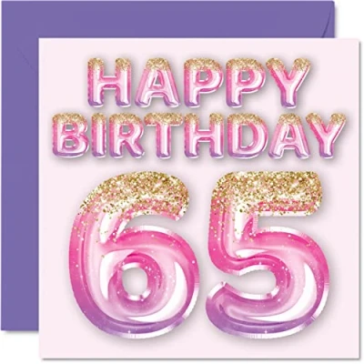 Imagen de Tarjeta de cumpleaños número 65 para mujer, globos purpurina rosa y morada, tarjetas feliz mujer años, mamá, niñera, abuela, tía, 145 mm x mm, felicitación
