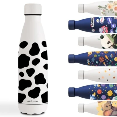 Imagen de Botella Agua Acero Inoxidable 500ml, Cantimplora Inoxidable, Personalizada con Vaca, Mantiene 24H Frio/12H Calor, para la Escuela, Oficina, Viajar, Café, Yoga, Blanco