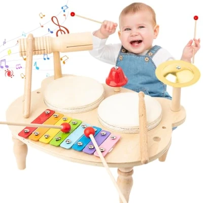 Imagen de UCAMP Tambor Juguetes Musicales,Instrumentos Musicales de Madera para niños,Instrumentos Infantiles Bebe,10 IN 1 Instrumentos Regalo Niño 2 3 4 5 Años