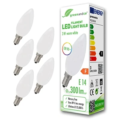Imagen de greenandco 5x Bombilla de filamento LED IRC 90+ E14 opaca 3W (corresponde a 28W) 300lm 2700K (blanco cálido) 360 230V AC vidrio, sin parpadeo, no regulable