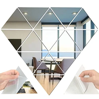 Imagen de 14 pegatinas de pared acrílicas triangulares extraíbles acrílico para pared, decoración fondo del hogar, dormitorio, color plateado