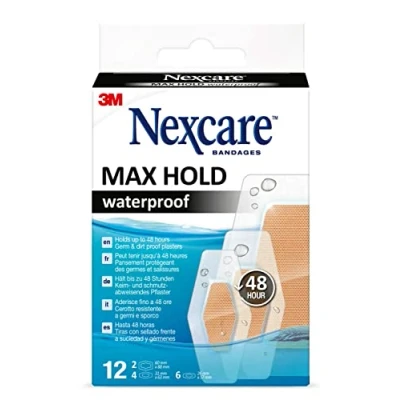 Imagen de Nexcare apósitos Max Hold Waterproof, tamaños variados, 12 por paquete, transpirables e impermeables para heridas menores, rasguños, kits de primeros auxilios