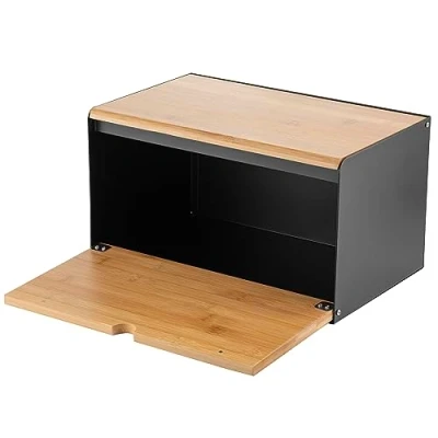 Imagen de Florina Panera BRUSTO 35,5 x 21,5 19,5 cm I Caja de Pan Acero con Tapa Bambú Espaciosa y Moderna Conservación Más Fresco Contenedor para Cocina Color: Negro