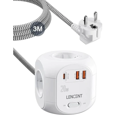 Imagen de LENCENT Cubo Regleta Enchufes 3M con Carga Rápida PD20W, para Uso Interior, USB 4 Tomas de CA, 2 y 1 Tipo C Hogar, Cocina Oficina