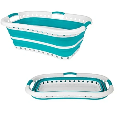 Imagen de Beldray LA072979TQ Cesto de La Colada Adaptable a Cadera, Transportar y Meter Ropa Sucia Colada, Cubo Plegable Con Asas Ergonómicas, Para Cuarto Baño, Dormitorio o Lavandería, 37 L, Azul