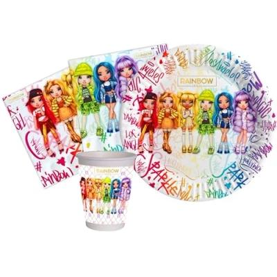 Imagen de Ciao Kit Mesa Fiesta Party Rainbow High para 24 personas (88 piezas: platos Ø18cm, vasos 200ml, 40 servilletas 33x33cm) en papel compostable eco friendly
