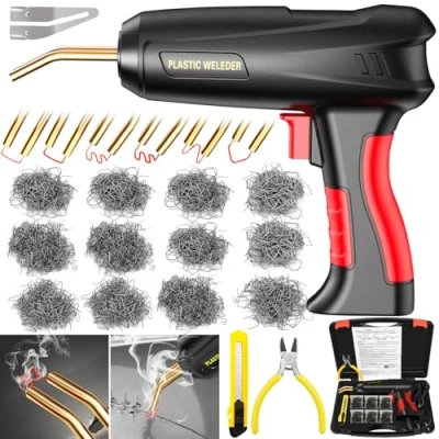 Imagen de ZPQAODI Soldador de Plástico 200W,Plástico Soldadura Máquina,2 en 1 Reparando Kit,con 1000Pcs 6 Tipos Grapas,1Pcs Herramientas Suavización para Reparación Parachoques Auto