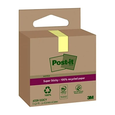 Imagen de Post it Super Sticky Notas Recicladas, 3 Blocs, 70 Hojas por Bloc, 47.6 mm x mm, Amarillo Extra Adhesivas Fabricadas con Papel 100% Reciclado