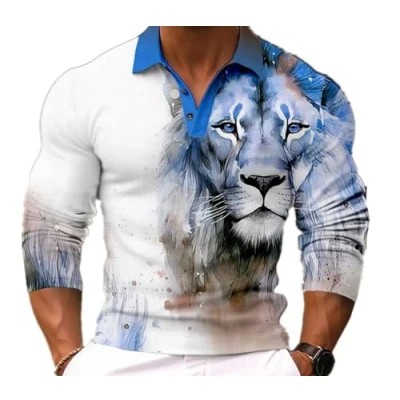 Imagen de Polo de Manga Larga para Hombre 3D Animal Lion Pattern Medio Botón Vintage Distressed al Aire Libre Sudadera Táctica Pullover Top