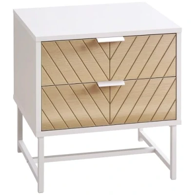 Imagen de HOMCOM Mesilla de Noche con 2 Cajones Mesita Patas Acero Gabinete para Salón Dormitorio Cama 45x39x48 cm Blanco y Roble