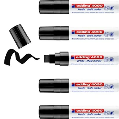 Imagen de edding 4090 marcador de tiza negro 5 rotuladores punta biselada 4 15 mm para cristal borrables pizarras, vidrio y espejos líquida cobertura opaca